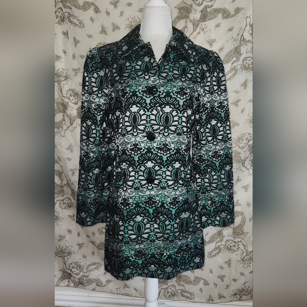 Gorgeous Emerald Green And Blacck Jaquard Spanner Dress Coat Sz 4